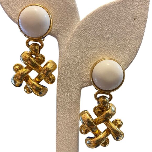 Signed Beauty Brass White Gold Clip On Earrings Bold Chunky Statement Italy